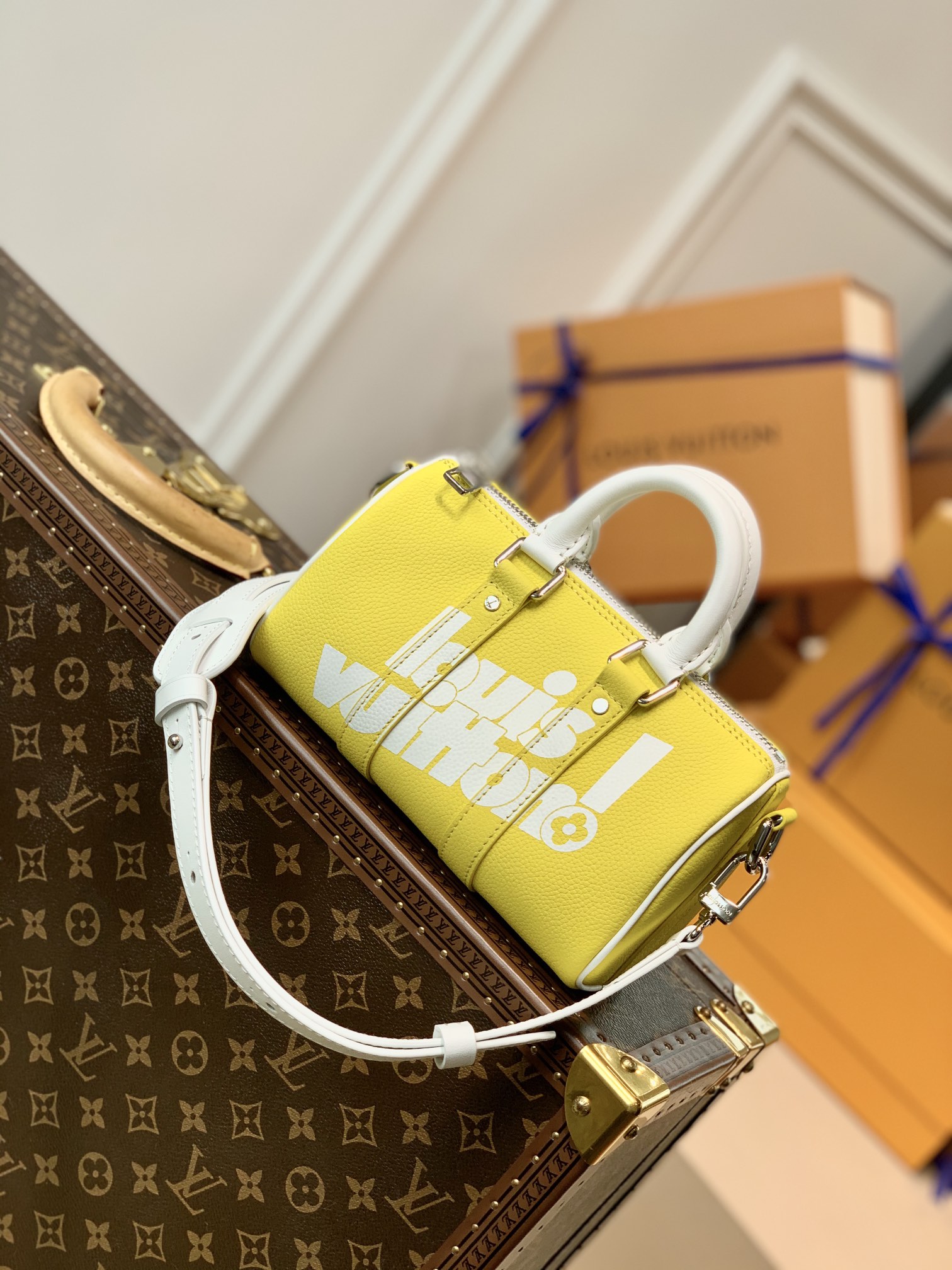 Replica Authenticated Used Louis Vuitton Keepall XS M80842 Leather Yellow / White Virgil Abloh 2way Shoulder Bag Handbag, Women's, Size: (HxWxD): 12cm x 21cm