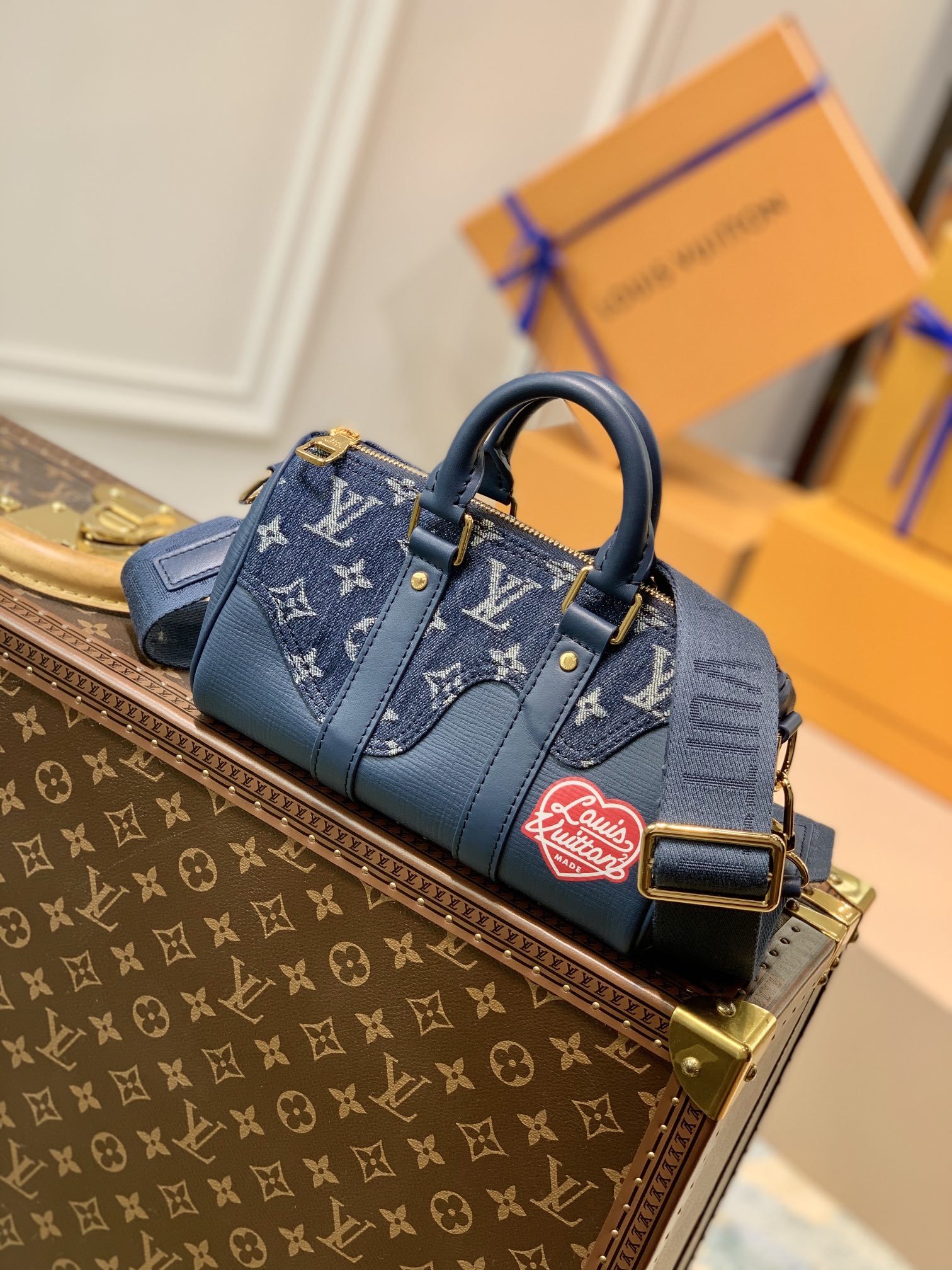 Replica Louis Vuitton X Nigo Blue Monogram Denim and Taurillon Leather Keepall Bandouliere XS Bag