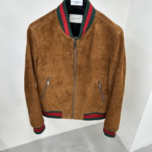 Luxury Bomber Jacket Brown Suede Leather Jacket with red and green ribb collar