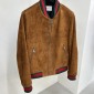 Replica Luxury Bomber Jacket Brown Suede Leather Jacket with red and green ribb collar