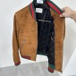 Replica Luxury Bomber Jacket Brown Suede Leather Jacket with red and green ribb collar