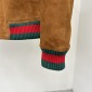 Replica Luxury Bomber Jacket Brown Suede Leather Jacket with red and green ribb collar