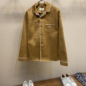 Suede shirt with embroidery in brown | GUCCI® US