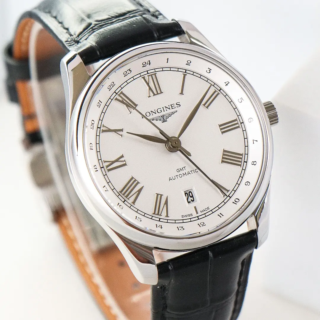 Longines Master Classic Reproduction GMT Dual Time Watch White Dial Black Leather Strap Roman Numerals - Image 3