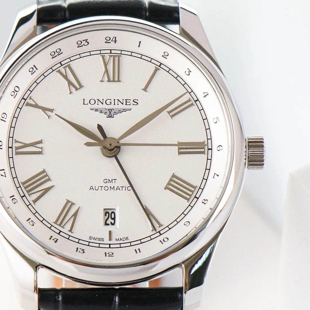 Longines Master Classic Reproduction GMT Dual Time Watch White Dial Black Leather Strap Roman Numerals - Image 4