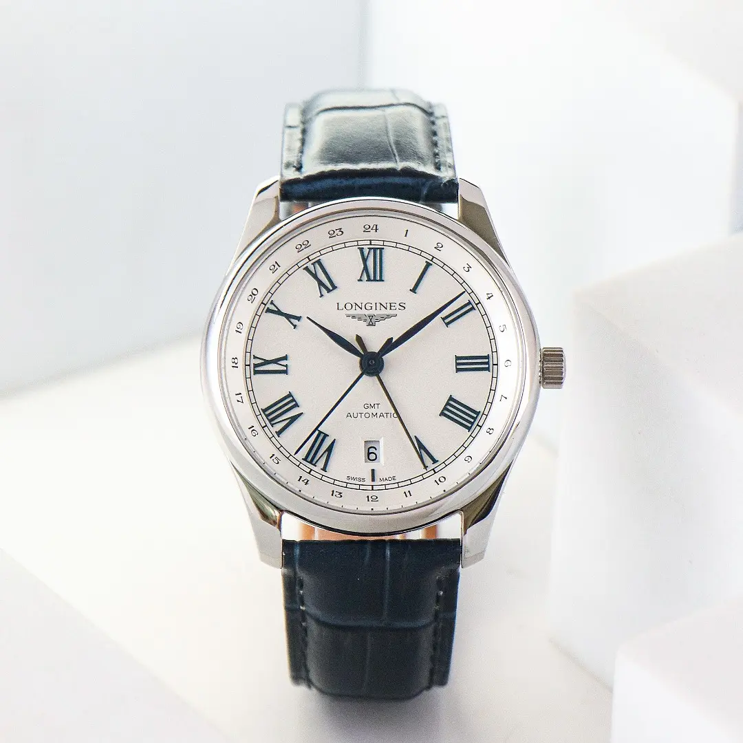 Longines Master Classic Reproduction GMT Dual Time Watch White Dial Black Leather Strap Roman Numerals - Image 5