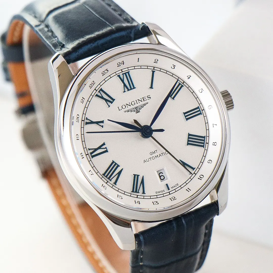 Longines Master Classic Reproduction GMT Dual Time Watch White Dial Black Leather Strap Roman Numerals - Image 6