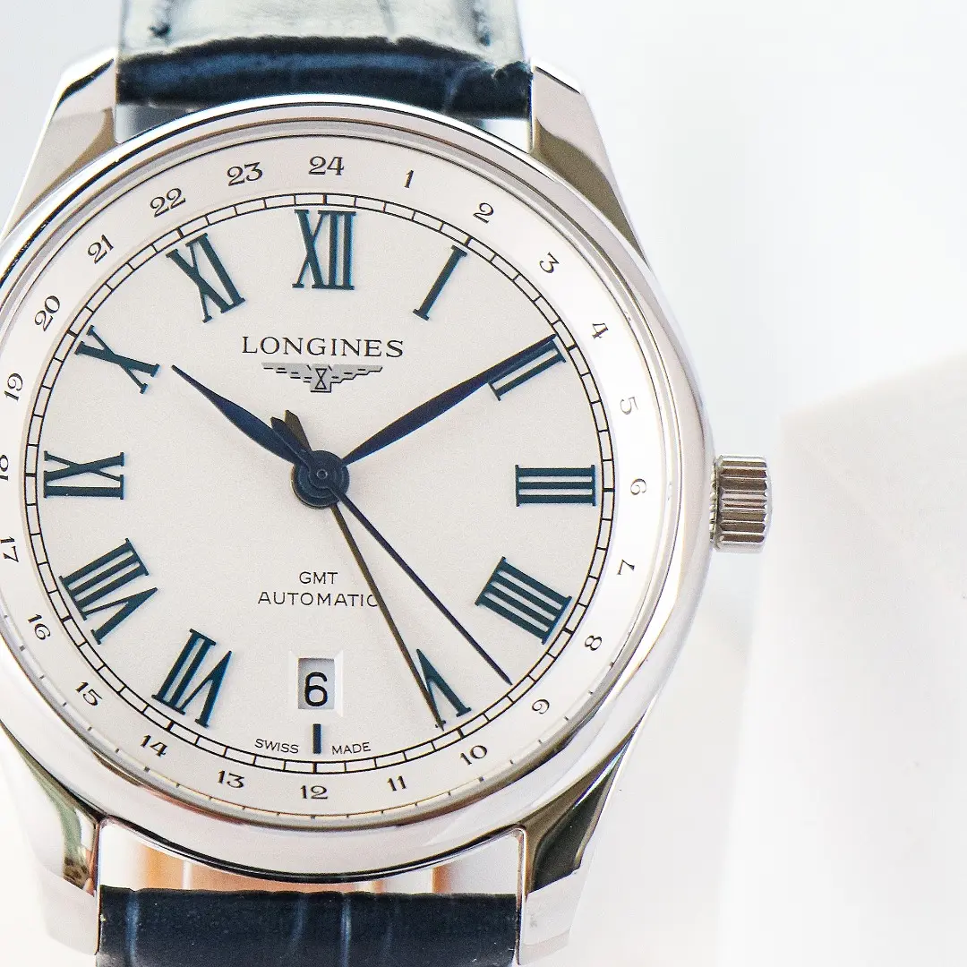 Longines Master Classic Reproduction GMT Dual Time Watch White Dial Black Leather Strap Roman Numerals - Image 7