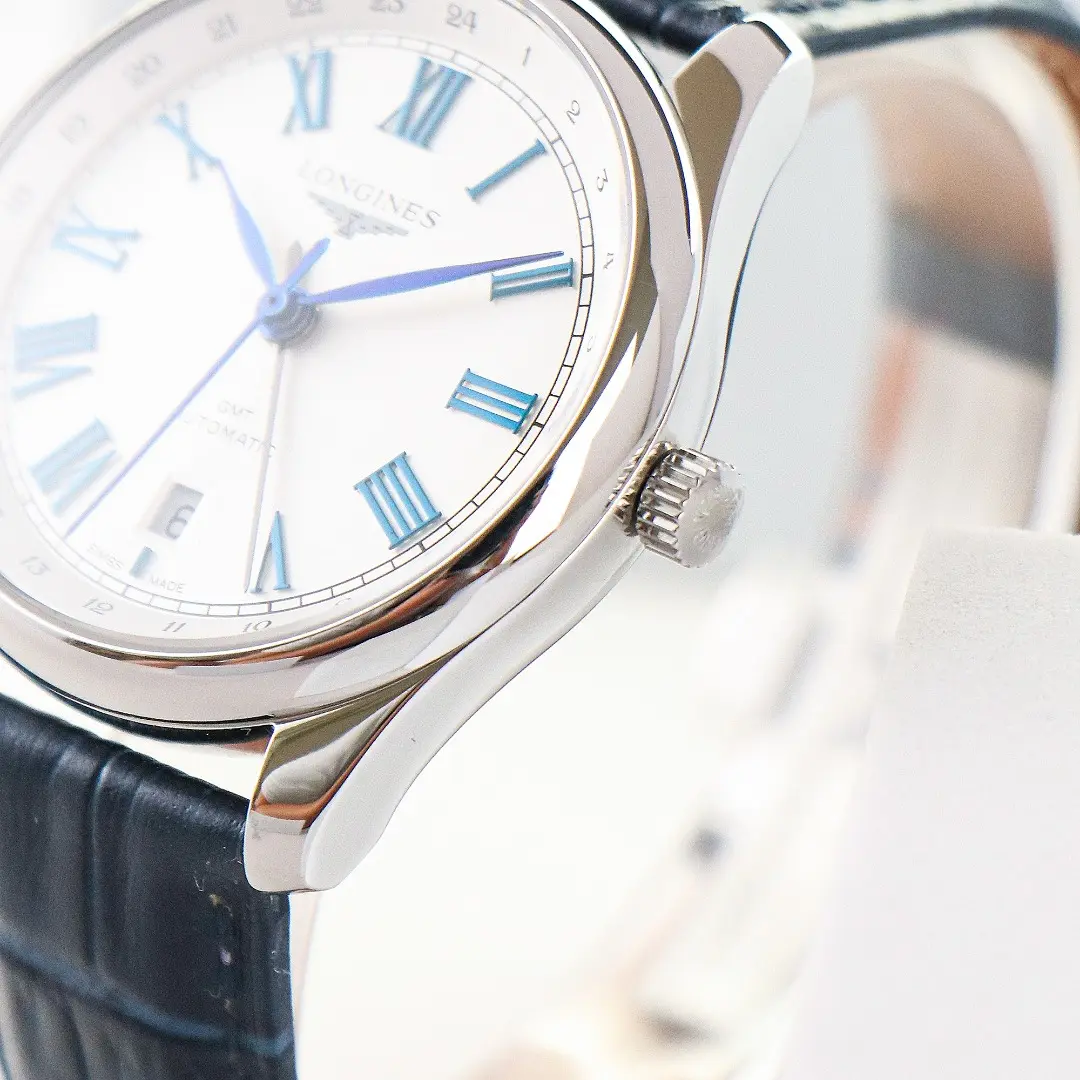 Longines Master Classic Reproduction GMT Dual Time Watch White Dial Black Leather Strap Roman Numerals - Image 8