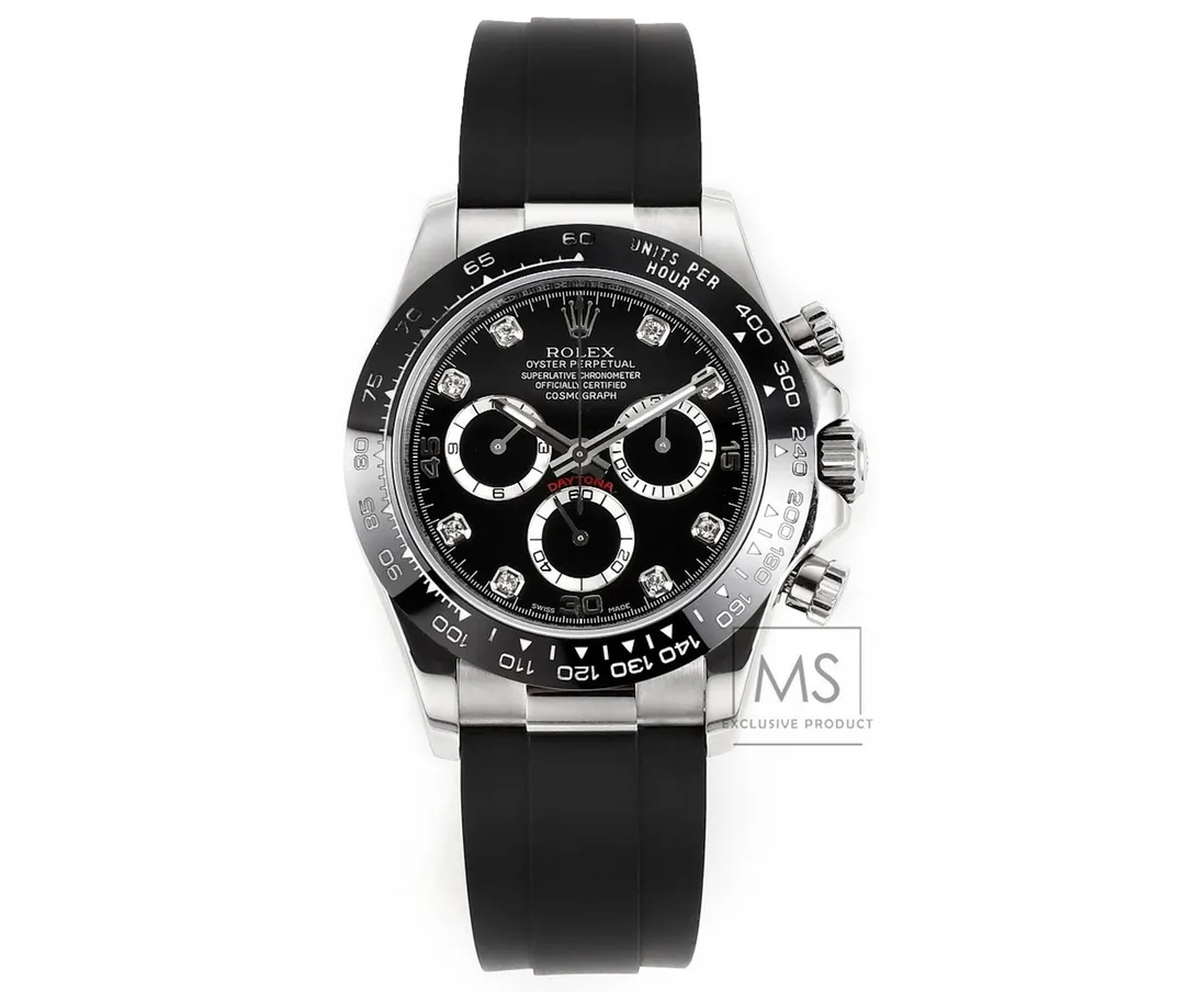 Rolex Cosmograph Daytona Black Dial with Diamond Markers and Black Rubber Strap - 40mm