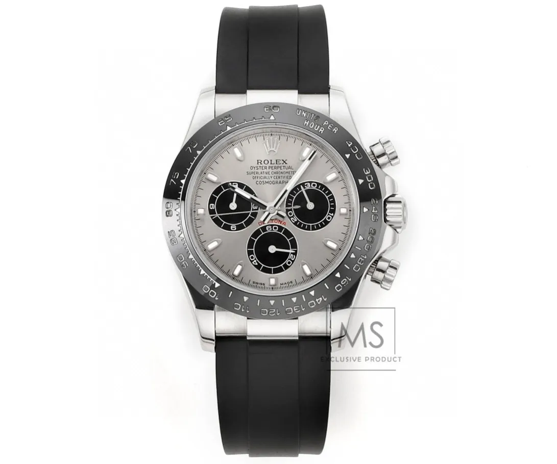 Rolex Cosmograph Daytona Silver Dial Black Subdials Black Rubber Strap Watch