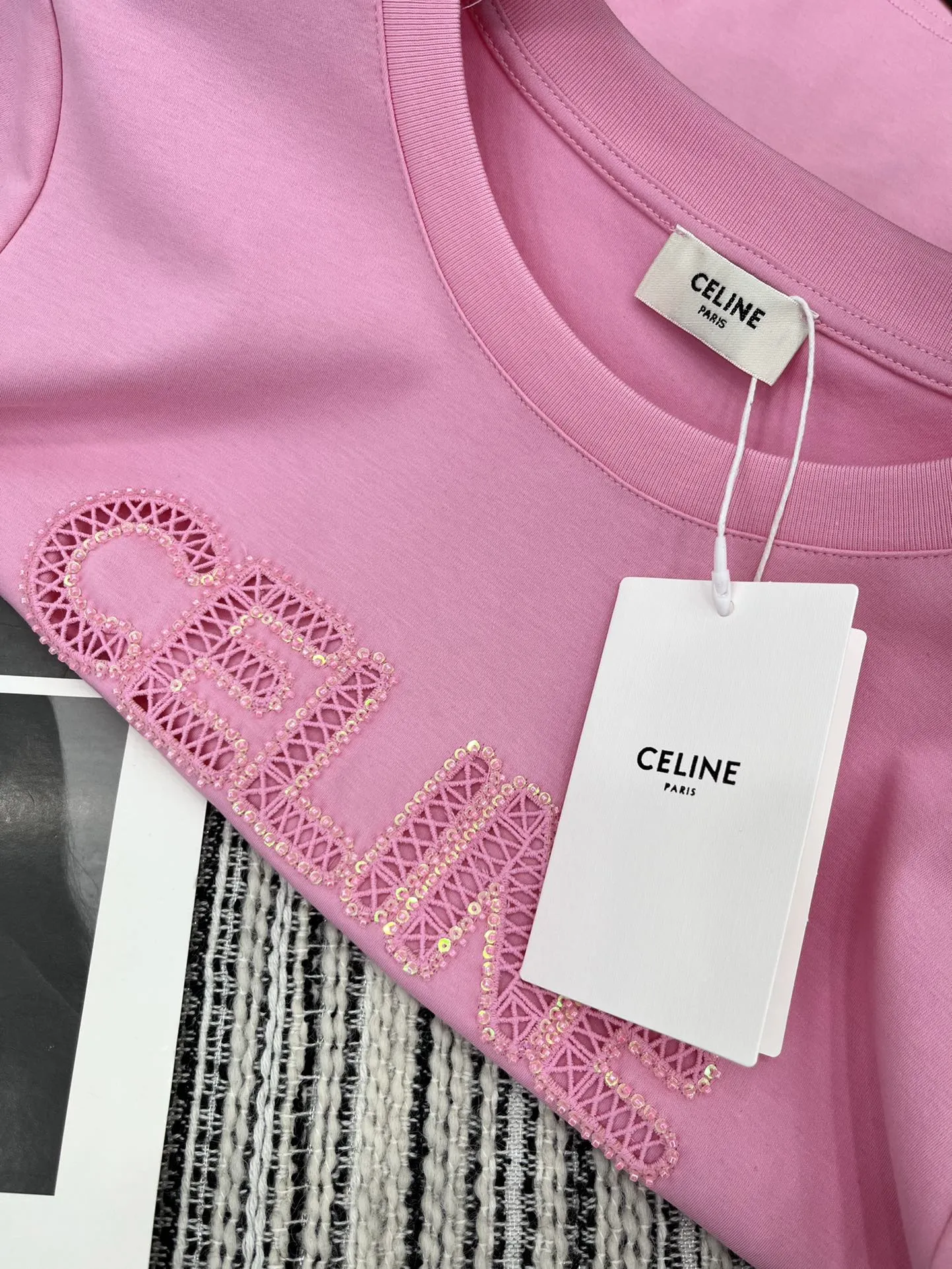 CELINE新作ピンク半袖Tシャツ刺繍デザイン - 画像 (6)