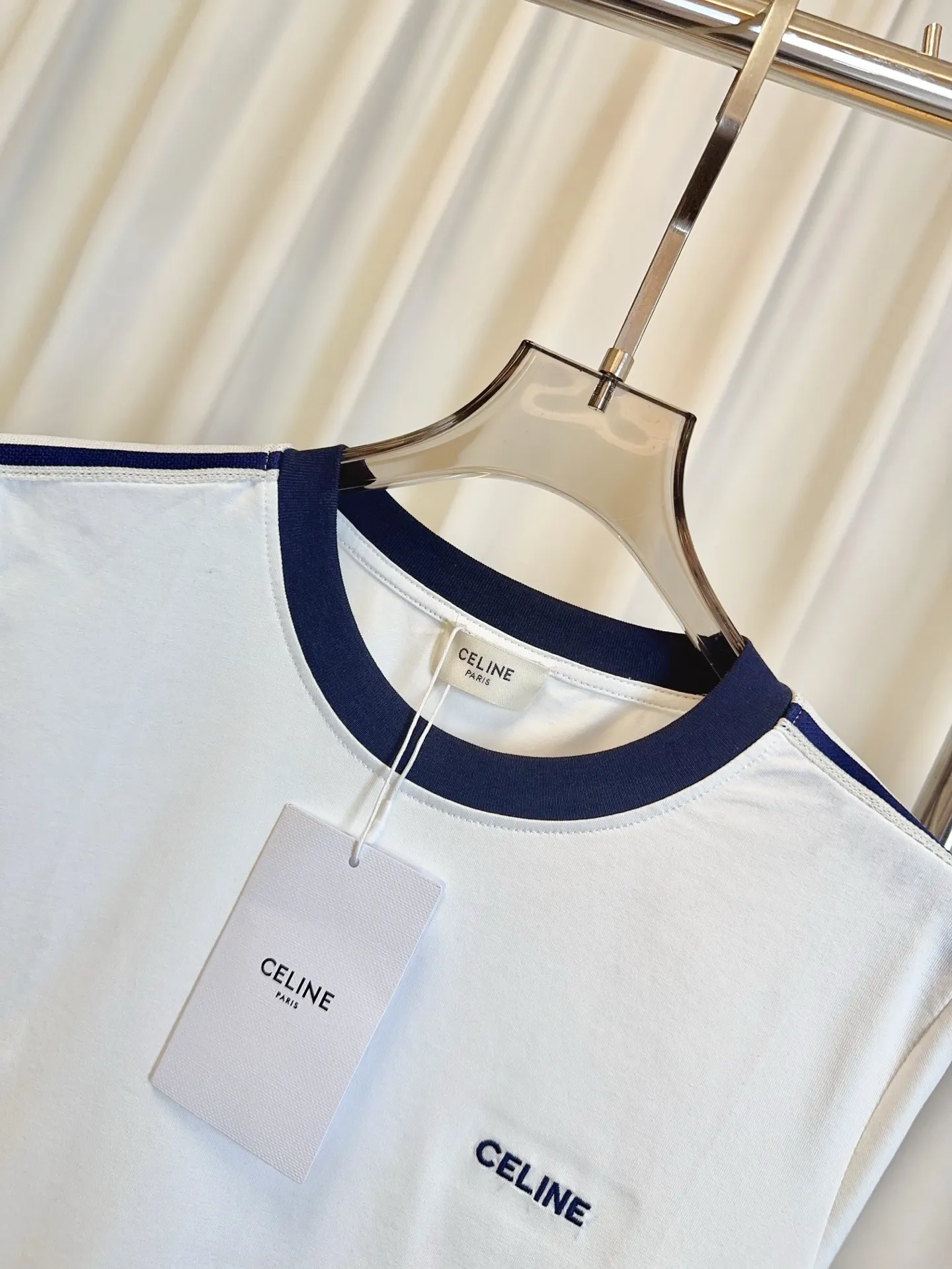 CELINE新作刺繍ロゴカラーマッチングTシャツ白ネイビー - 画像 (8)