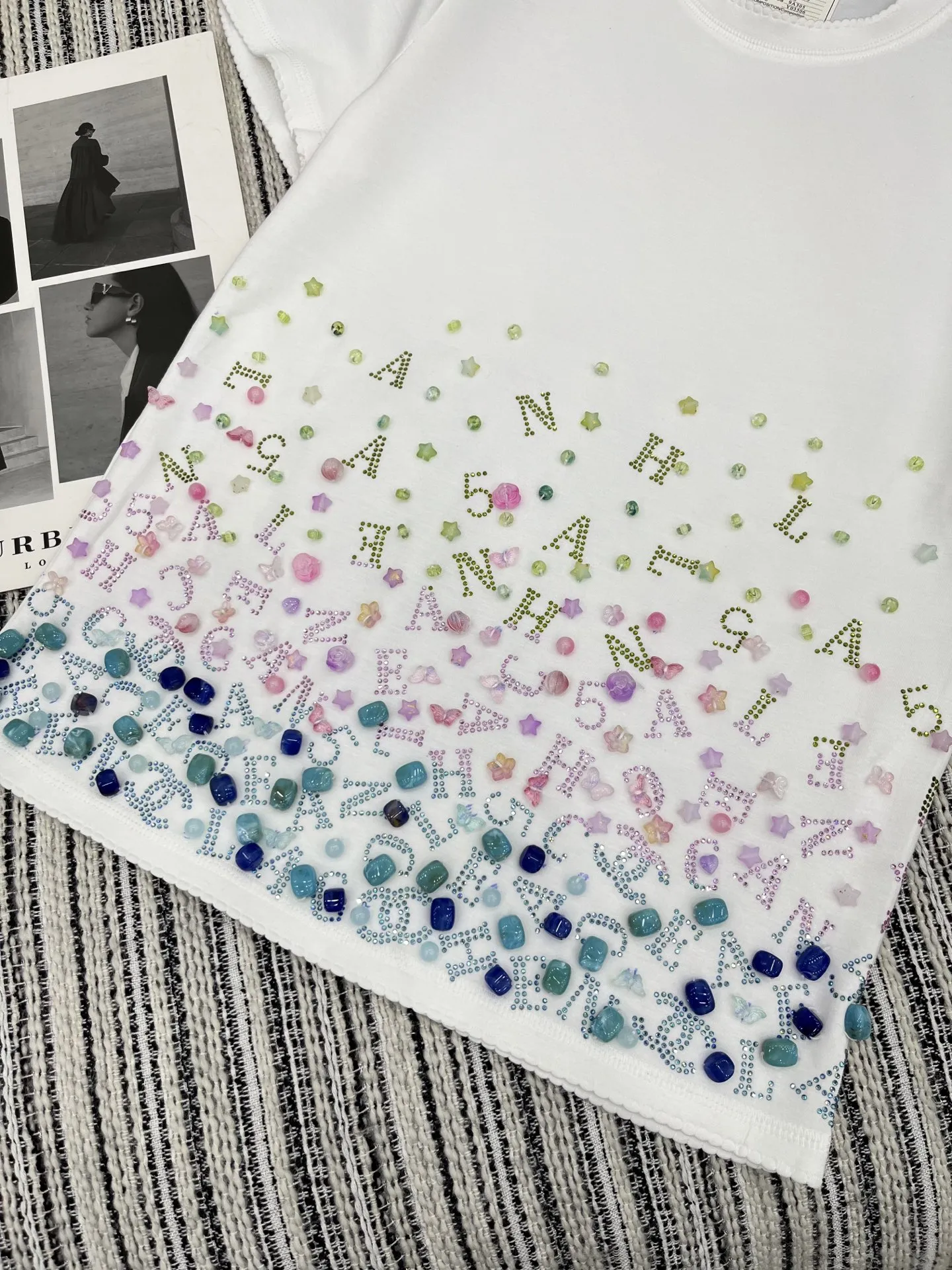 Chan* 25中古シリーズ手工ビーズ半袖Tシャツ 青 - 画像 (5)