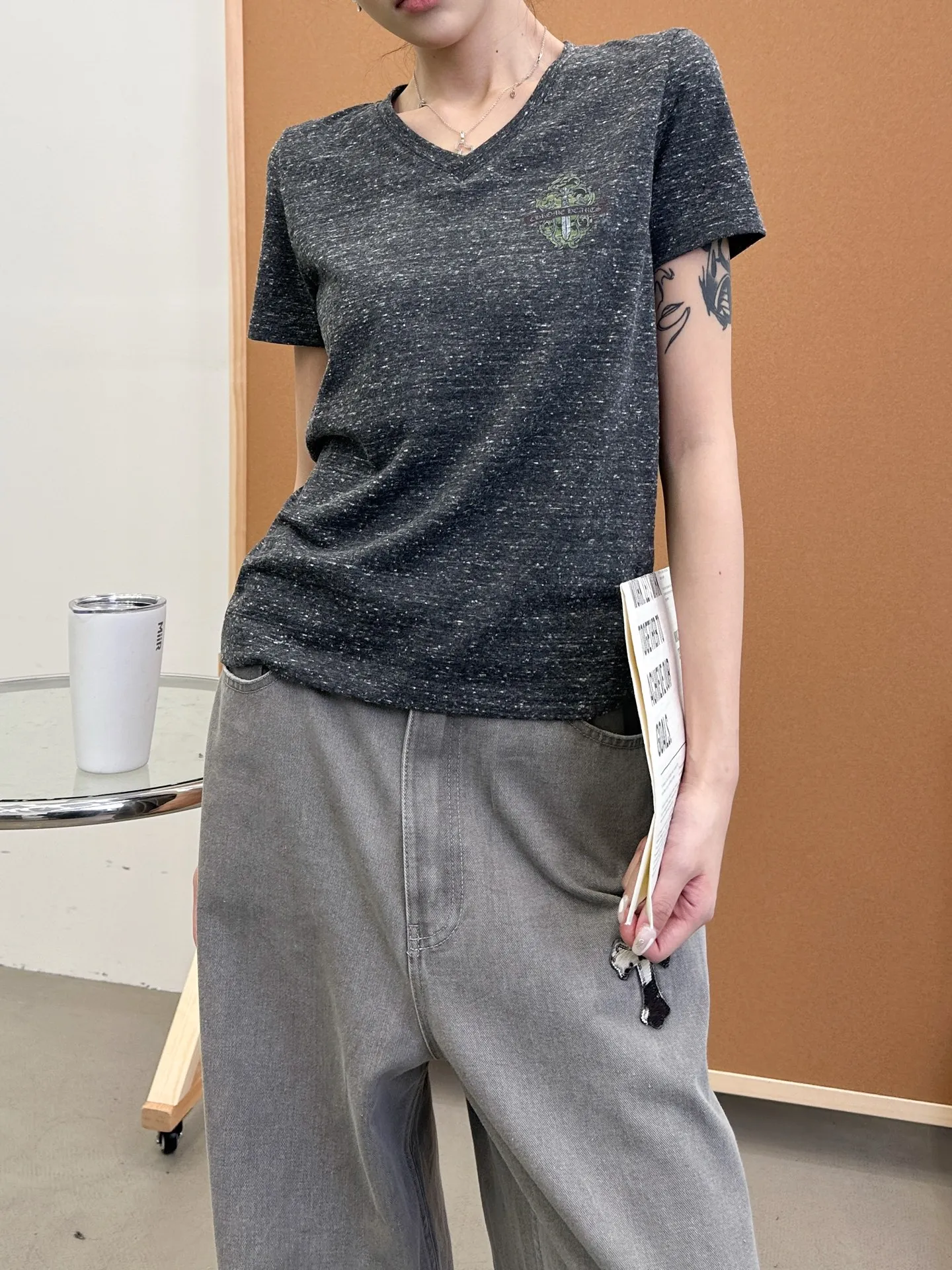 クロスハート新作黒半袖Tシャツクラシックプリント