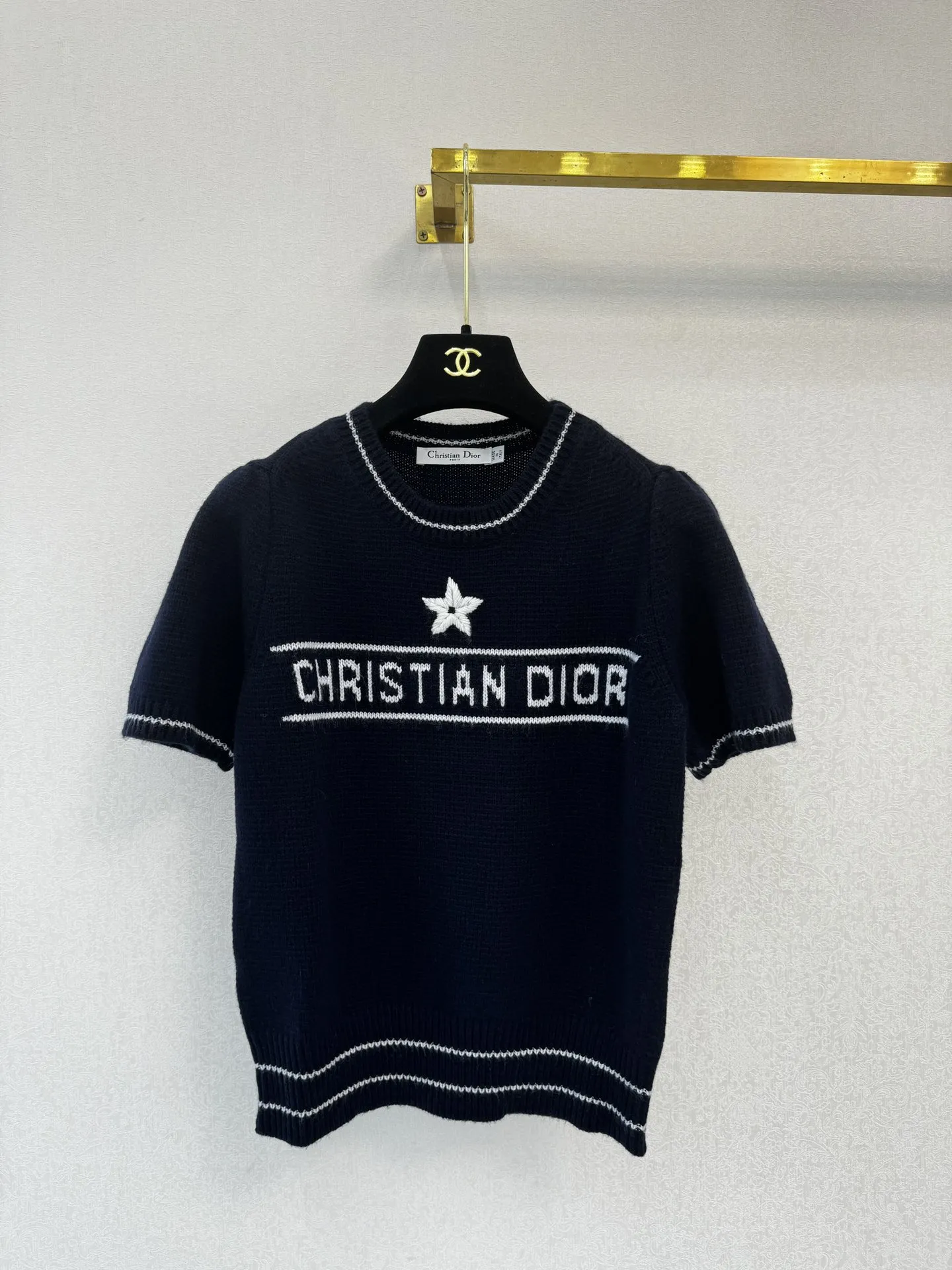 Christian Dior黒編み物半袖Tシャツ新作