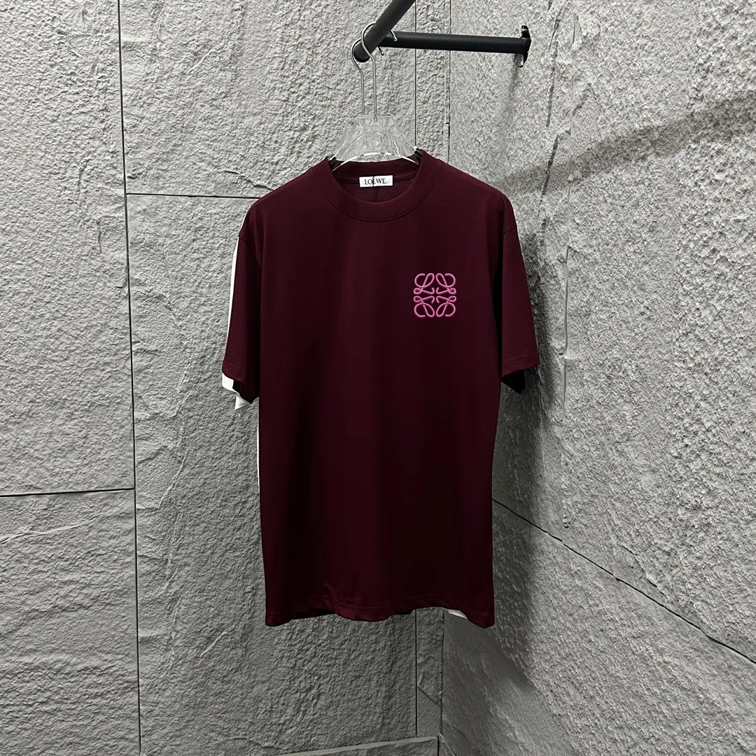 Loewe ロエ2025春夏ワインレッド刺繍Tシャツ