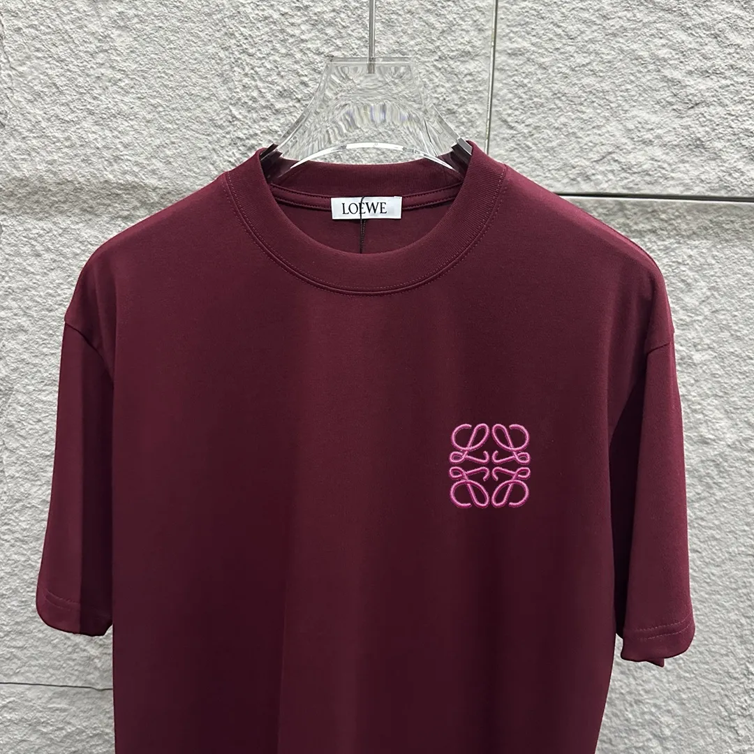 Loewe ロエ2025春夏ワインレッド刺繍Tシャツ - 画像 (4)