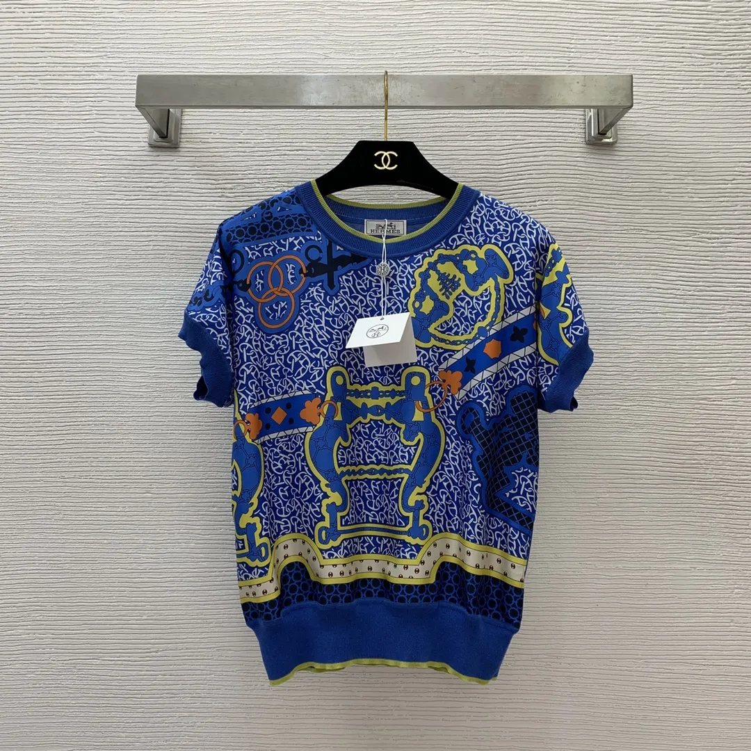 Hermès新作ブルー半袖ニットトップス