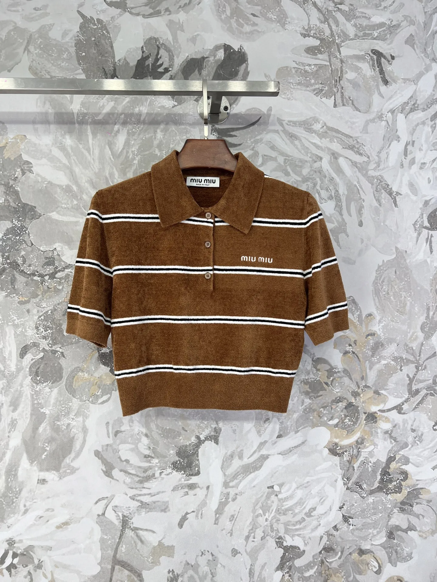 Miu Miu 茶色ストライプ編み物ポロシャツ