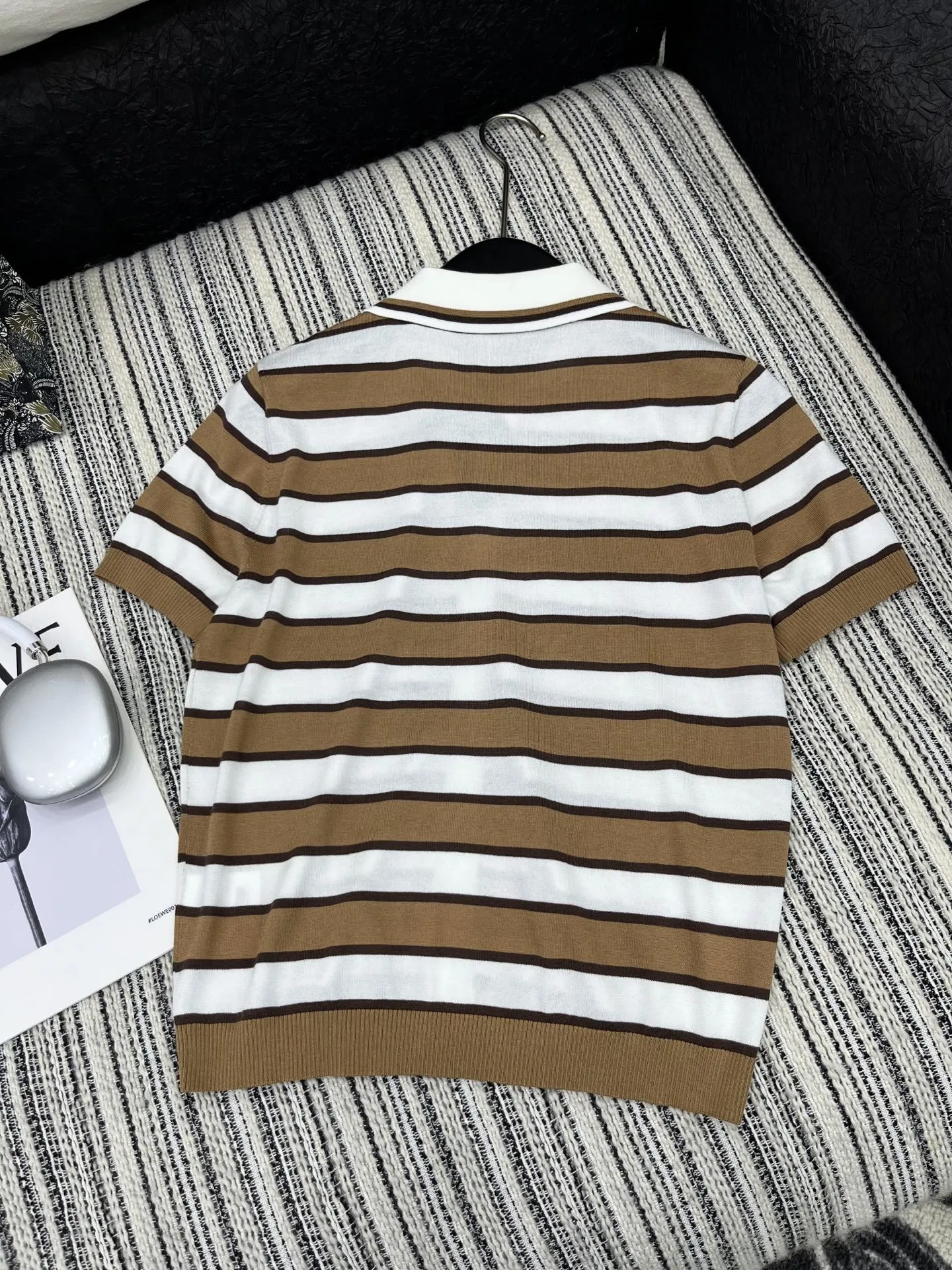 Prada ストライプ編み物半袖トップス 茶白 - 画像 (7)