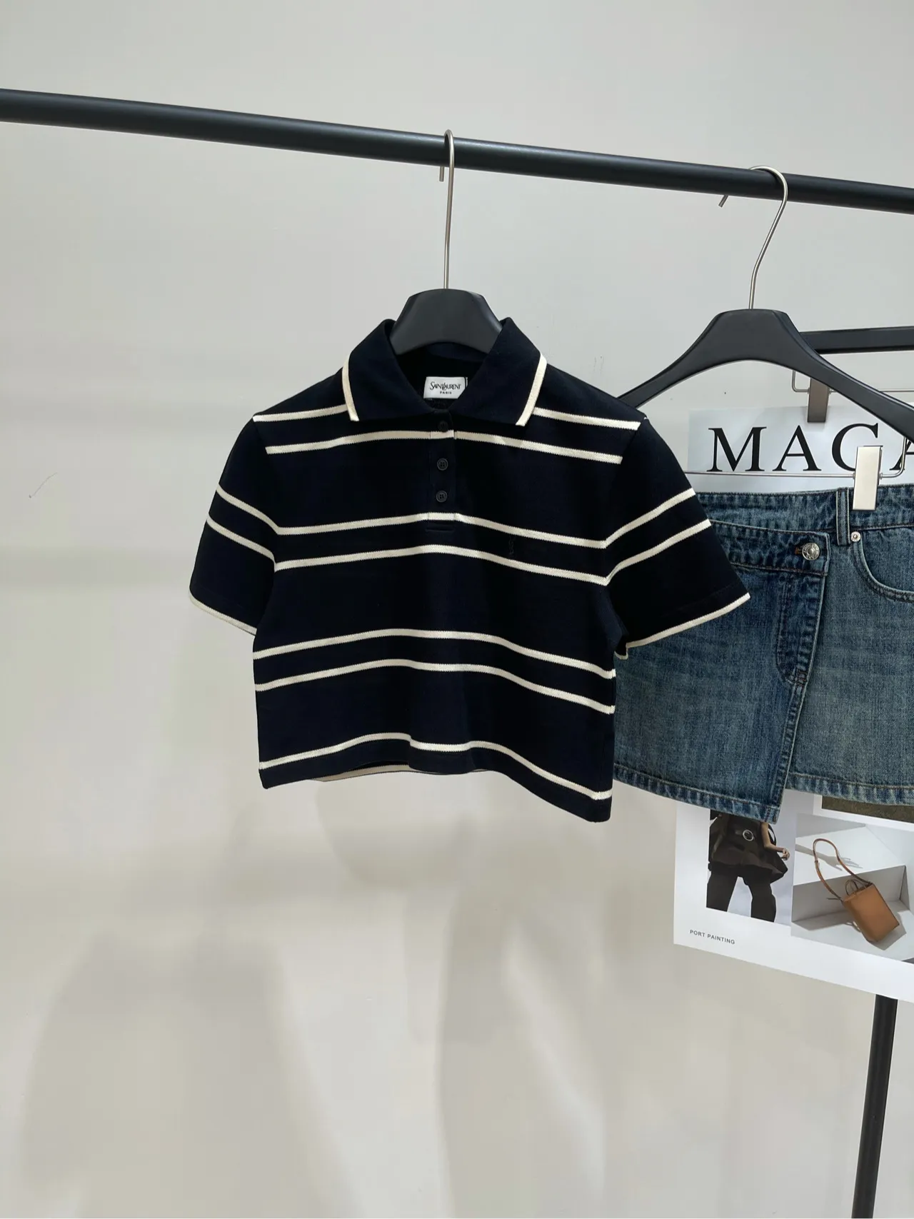 Yves Saint Laurent 米黒ストライプポロ半袖Tシャツ