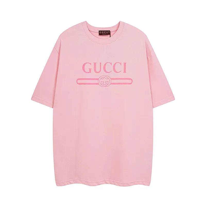 GUCCIピンクプリントラウンドネックTシャツ