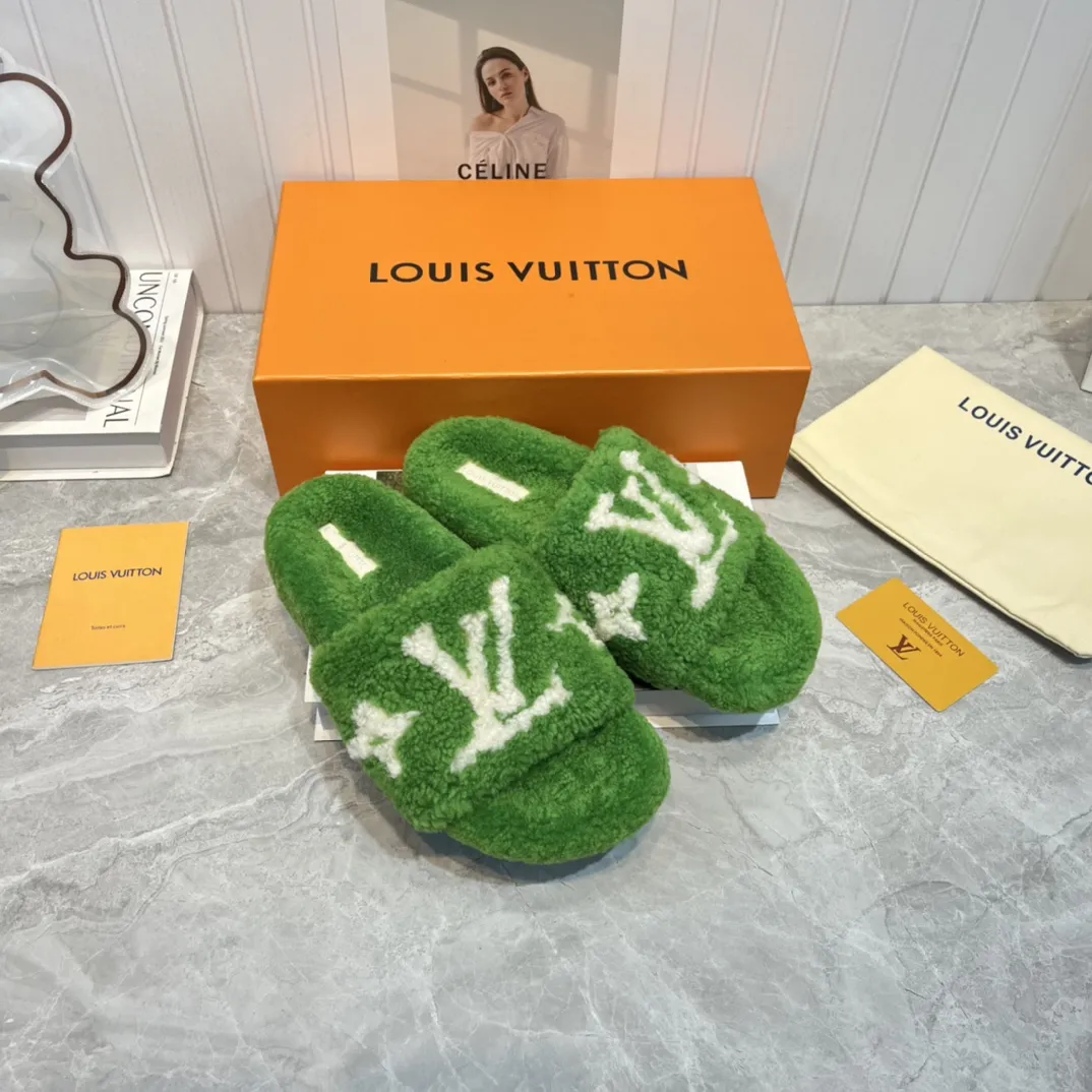 Louis Vuitton 2022新作ウールスリッパ 緑色フラット - 画像 (3)