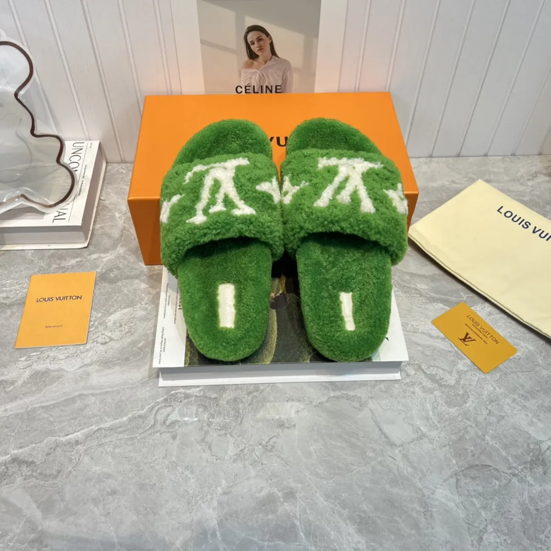 Louis Vuitton 2022新作ウールスリッパ 緑色フラット - 画像 (4)