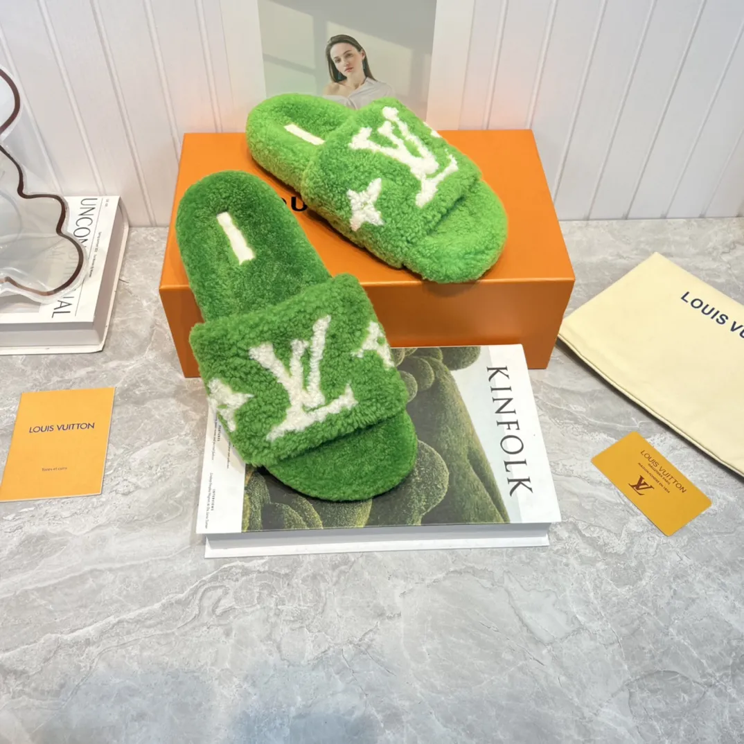 Louis Vuitton 2022新作ウールスリッパ 緑色フラット - 画像 (5)