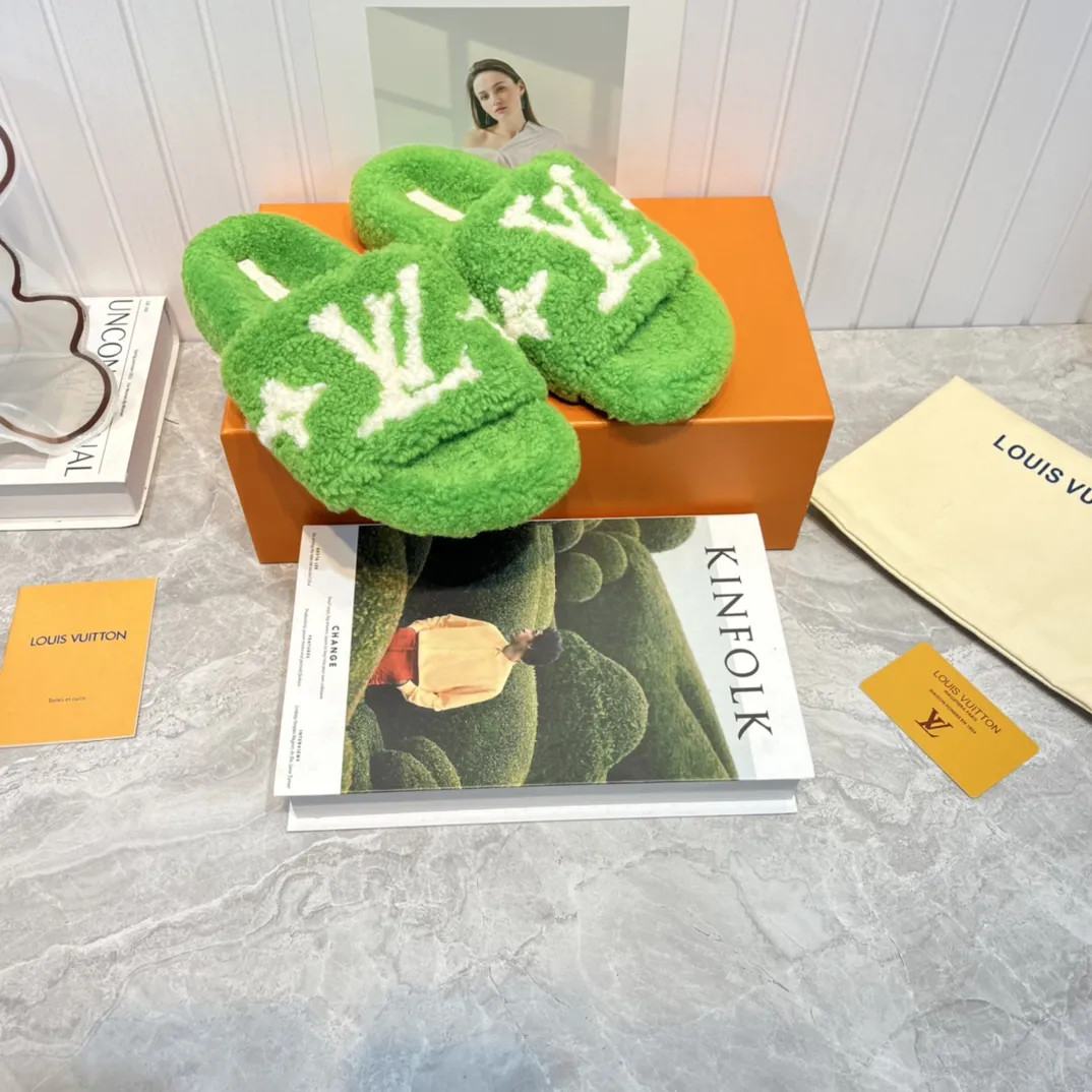 Louis Vuitton 2022新作ウールスリッパ 緑色フラット - 画像 (6)