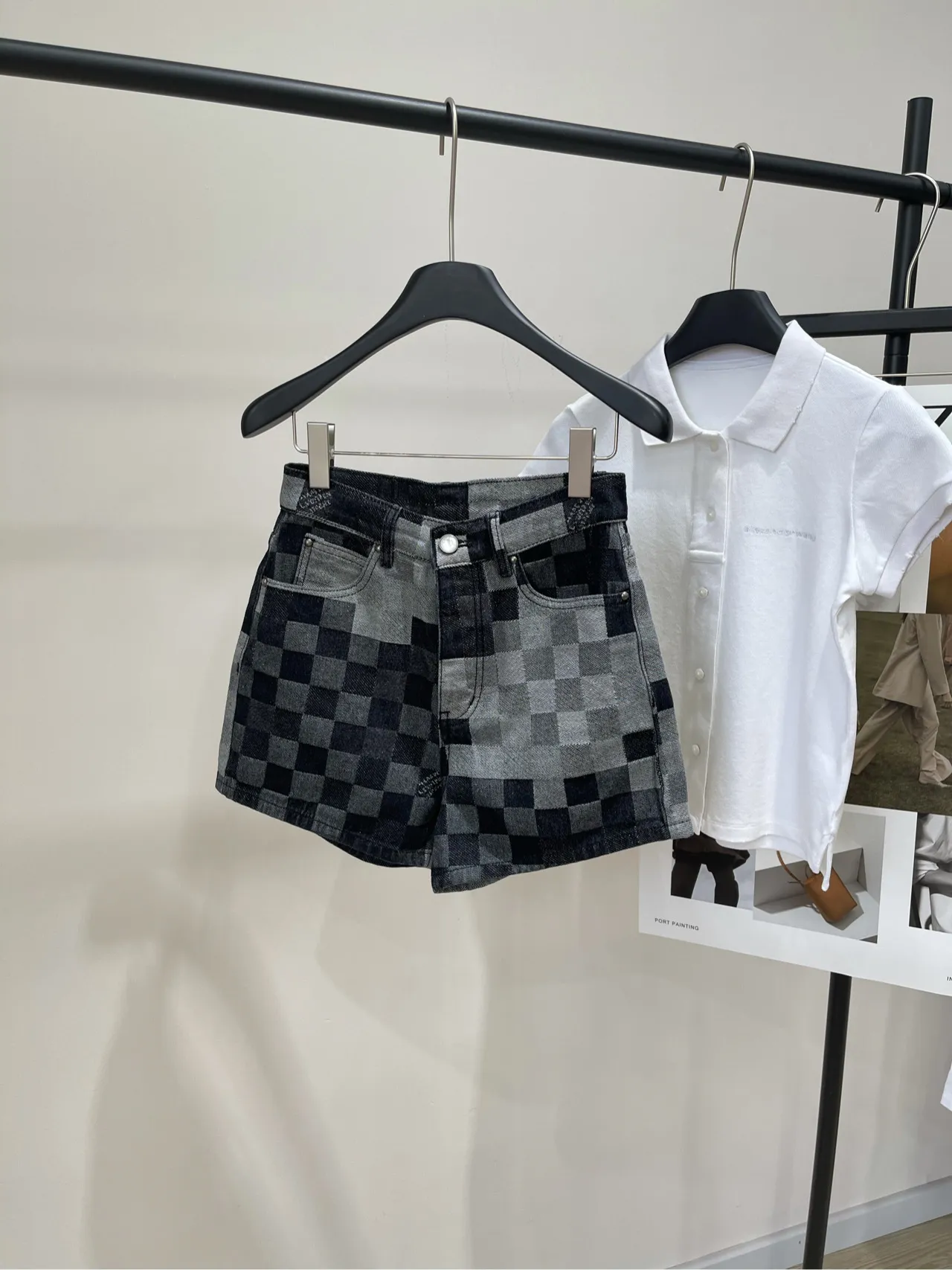 Louis Vuitton グレー黒チェック柄デニムショーツ