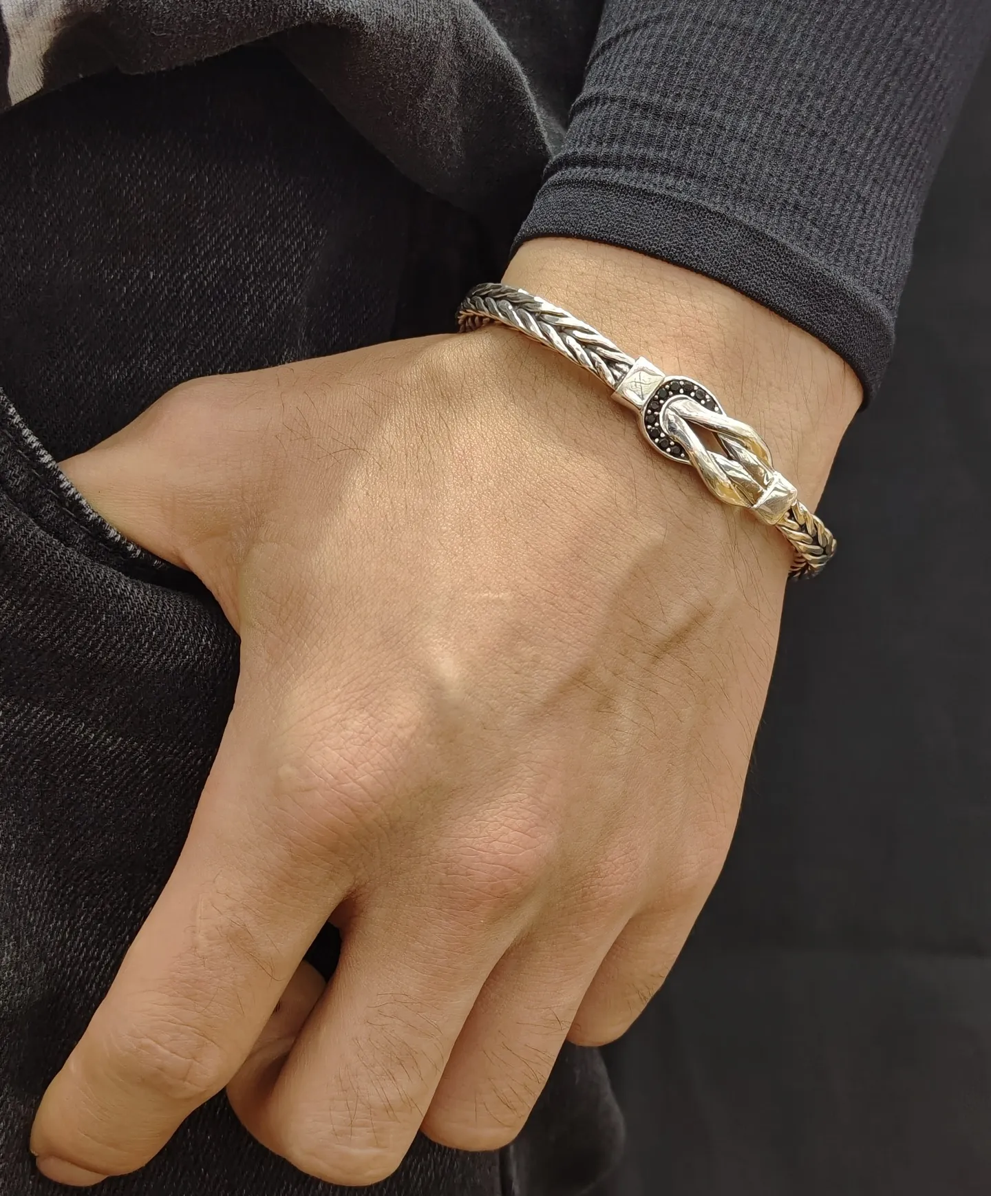 オリジナルデザイン連結黒ダイヤモンド男性手編みブレスレットシルバー6mm - 画像 (3)