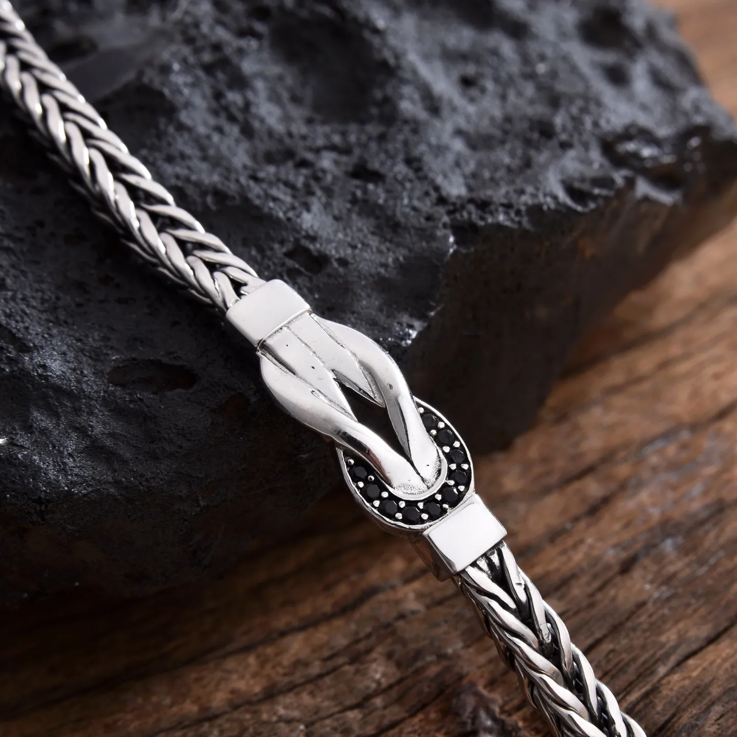 オリジナルデザイン連結黒ダイヤモンド男性手編みブレスレットシルバー6mm - 画像 (4)