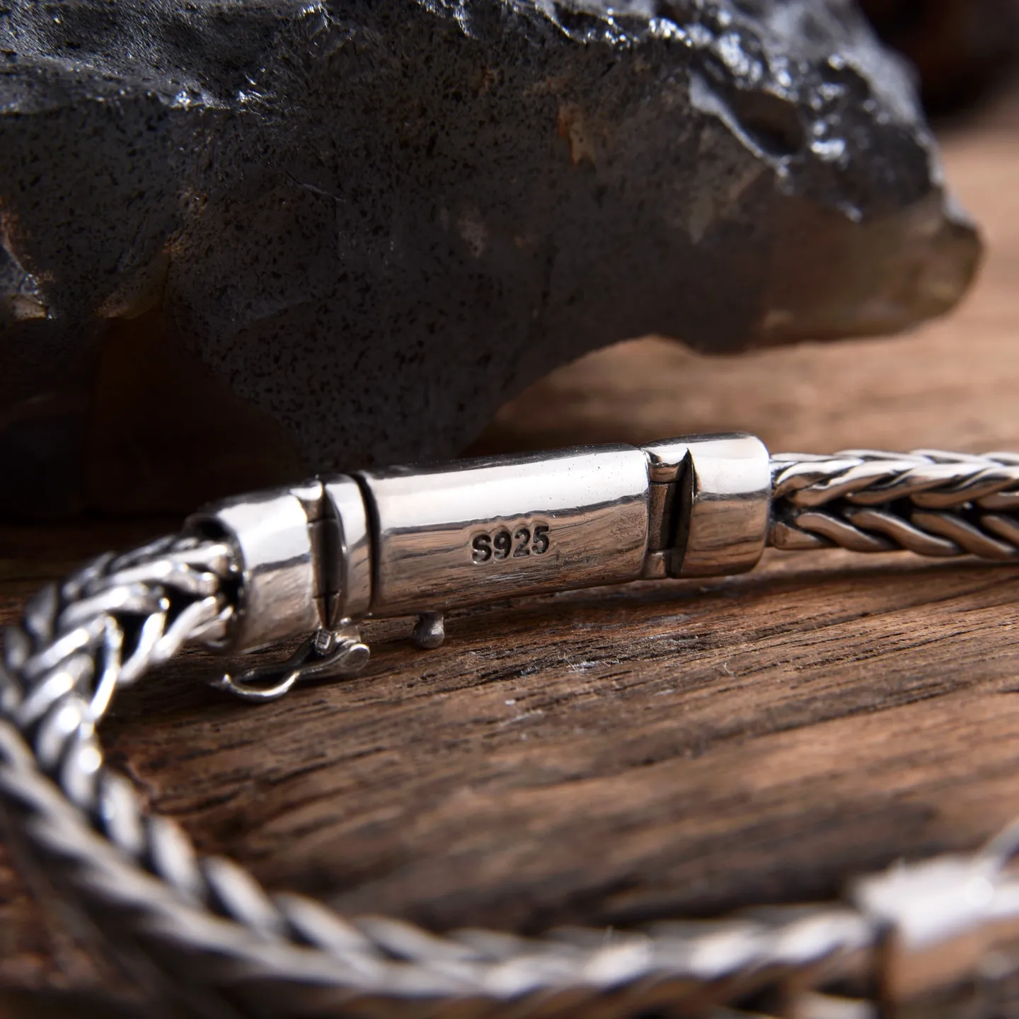 オリジナルデザイン連結黒ダイヤモンド男性手編みブレスレットシルバー6mm - 画像 (5)