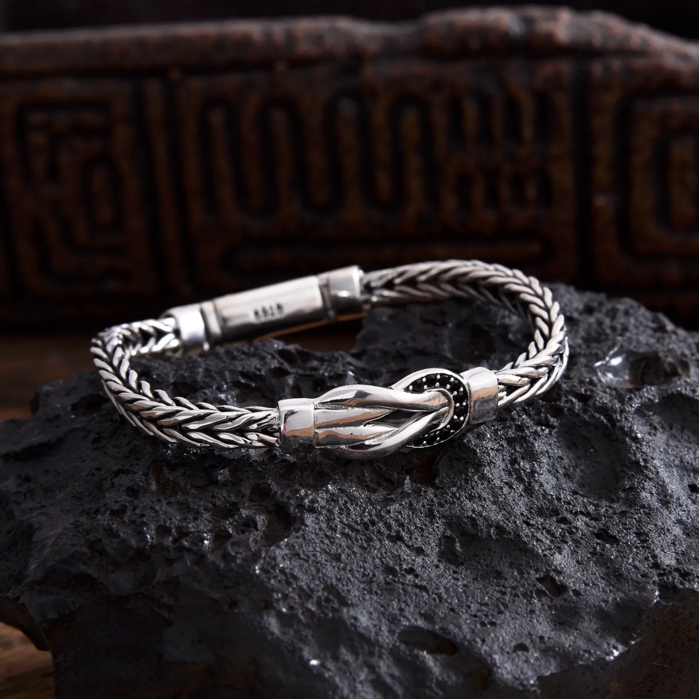 オリジナルデザイン連結黒ダイヤモンド男性手編みブレスレットシルバー6mm - 画像 (6)