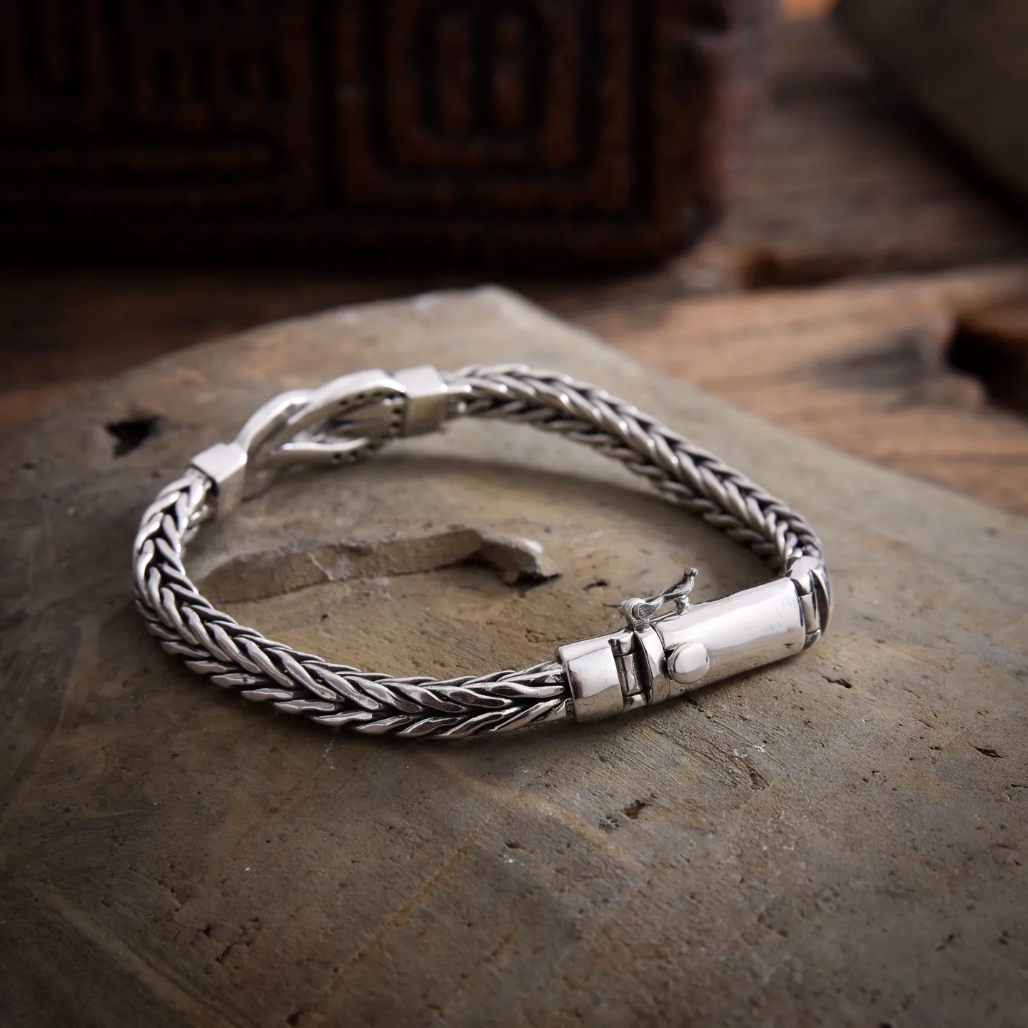 オリジナルデザイン連結黒ダイヤモンド男性手編みブレスレットシルバー6mm - 画像 (7)