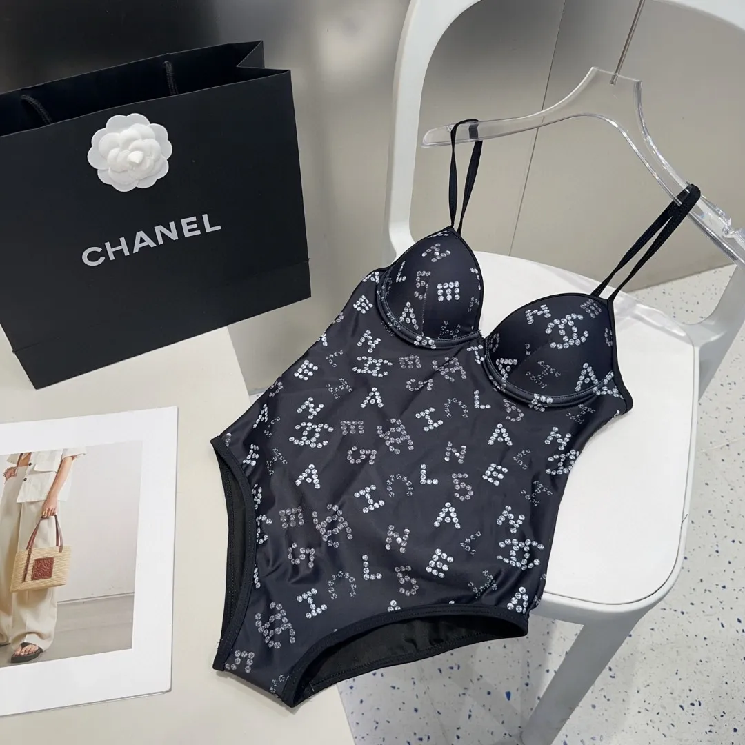CHANEL ブラック ロゴ柄 ワンピース水着