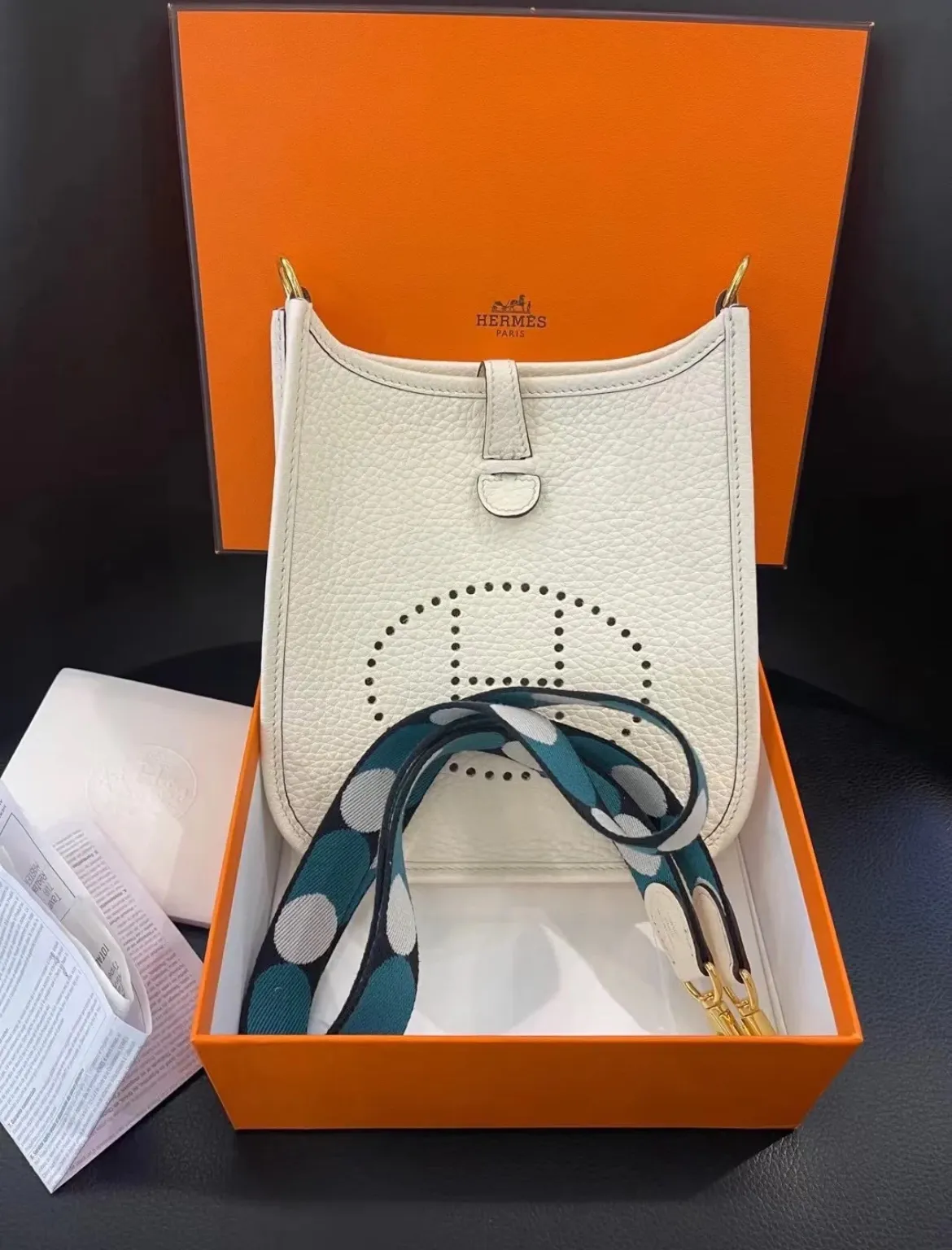 エルメス ナタクリーム Mini Evelyne ドット編みバンド