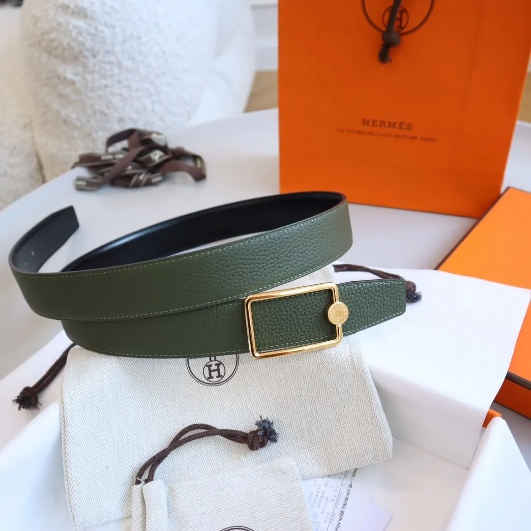 HERMÈS グリーン レザーベルト ゴールド金具