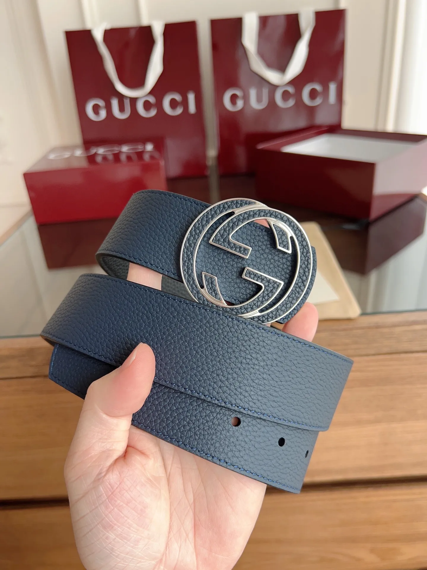 Gucci 新作 ダブルGバックル ベルト ブルー - 画像 (4)
