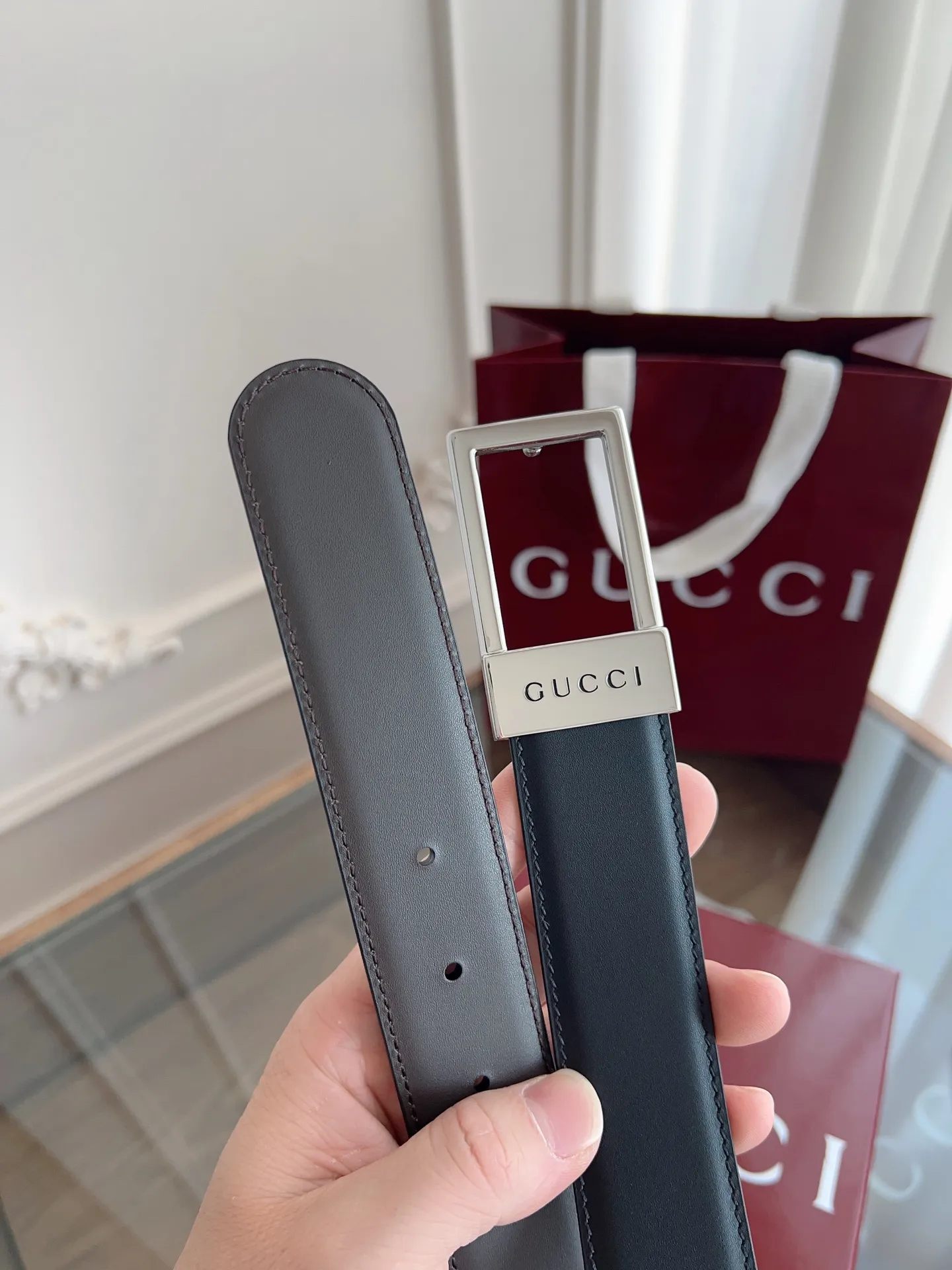 Gucci 新作 黒 方扣 男士腰帯 3.5cm - 画像 (3)