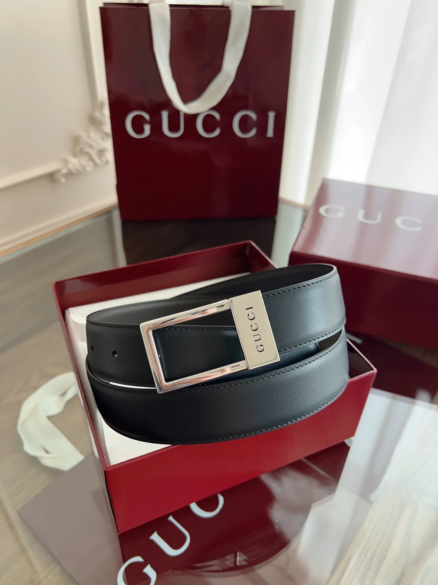 Gucci 新作 黒 方扣 男士腰帯 3.5cm - 画像 (10)