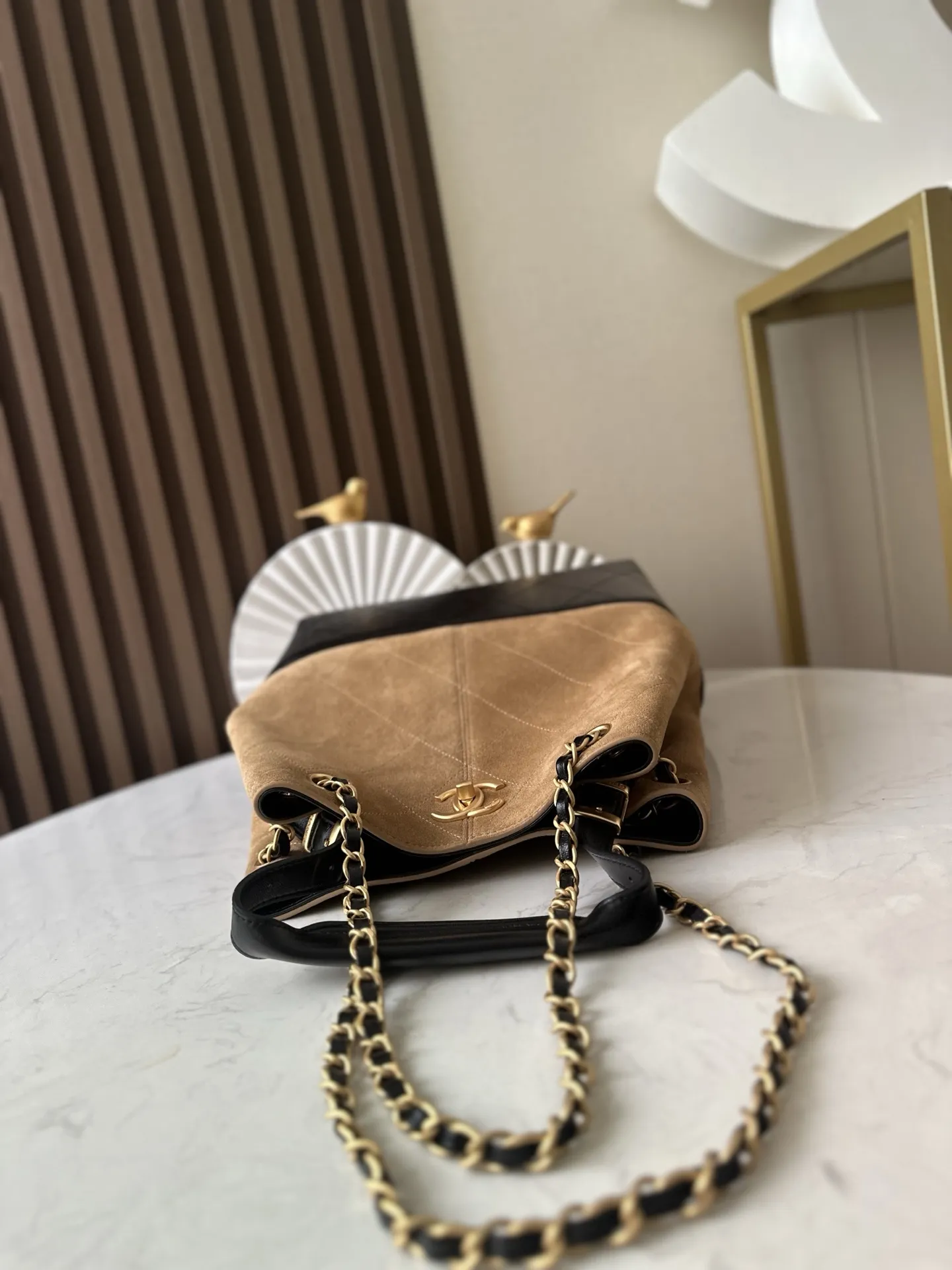 Chanel25A高級手作り坊仔牛革バッグブラウンカラーバイカラーバッグ - 画像 (4)