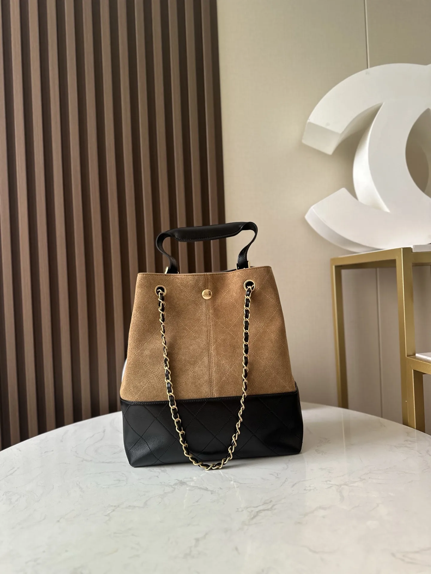 Chanel25A高級手作り坊仔牛革バッグブラウンカラーバイカラーバッグ - 画像 (5)