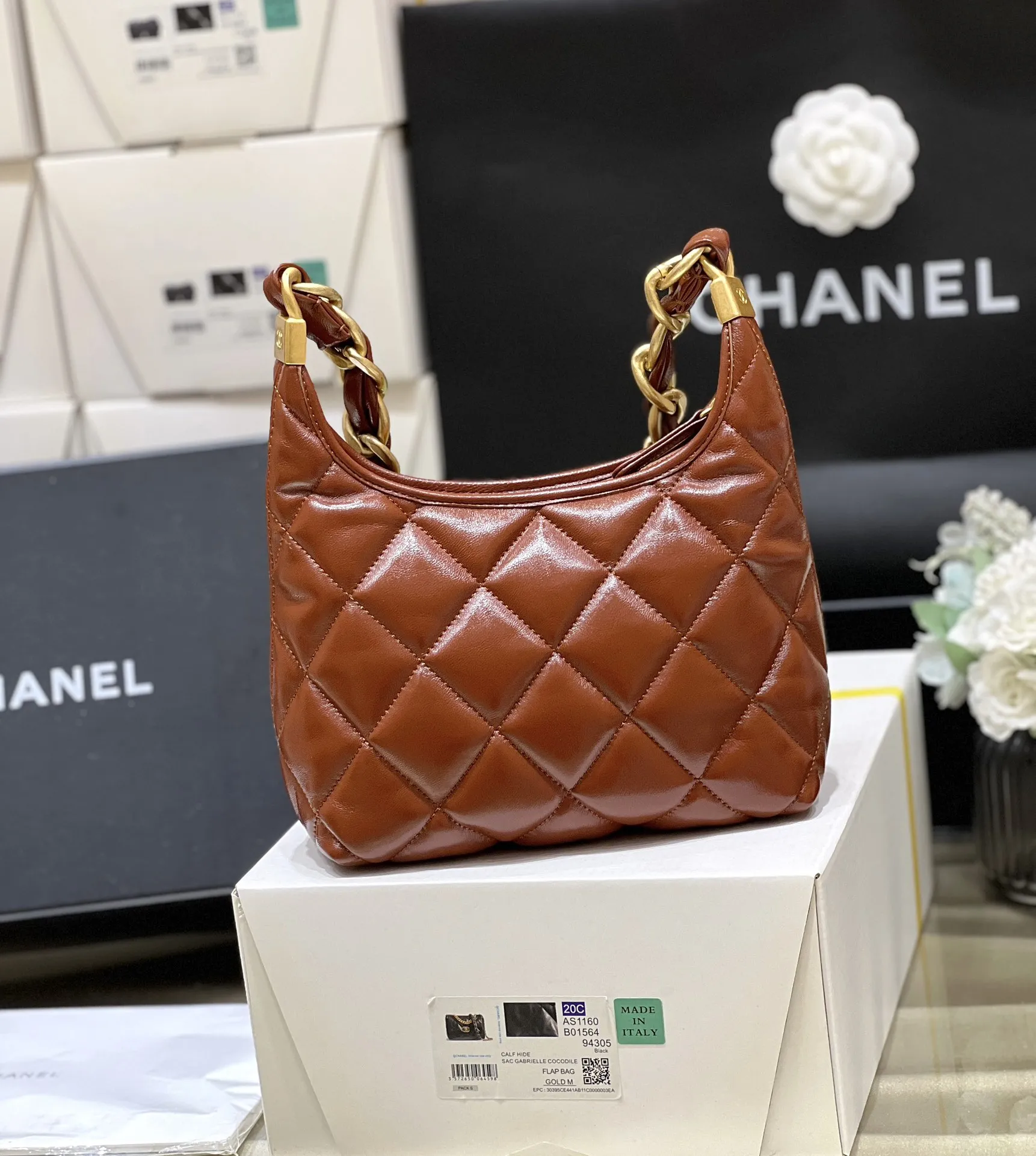 CHANEL 茶色チェーンバッグ キルティングデザイン - 画像 (5)