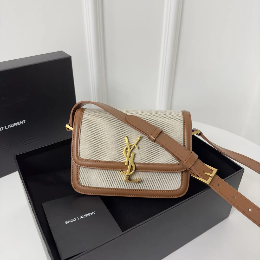 Yves Saint Laurent ベージュ 19cm コットンリネン バッグ