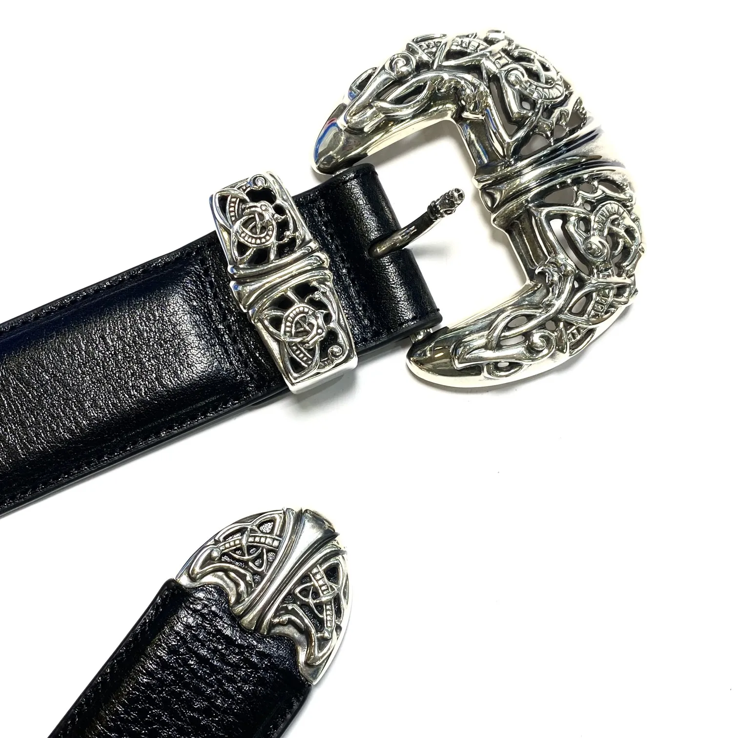 Chrome Hearts 新しいブラックアラベスクシルバーレザーベルト - 画像 (3)