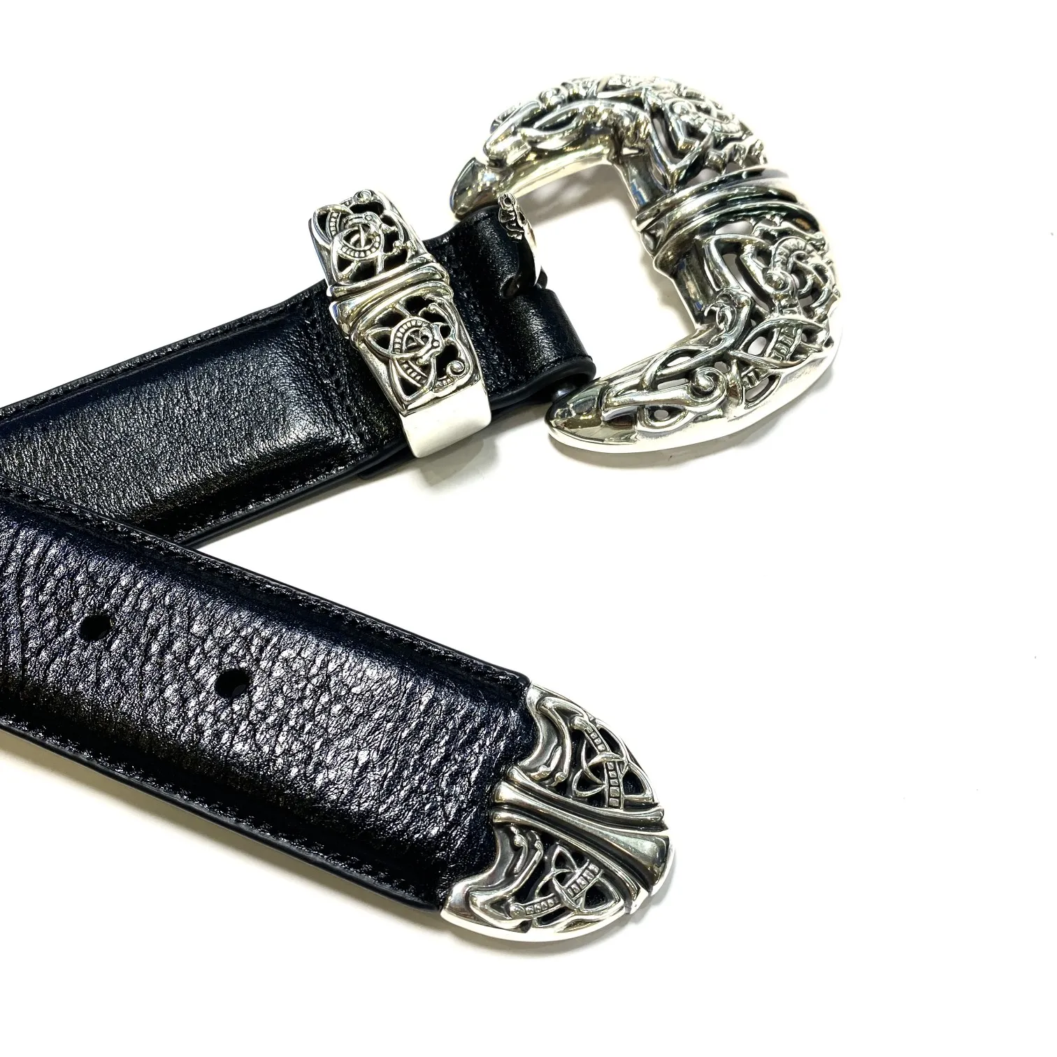 Chrome Hearts 新しいブラックアラベスクシルバーレザーベルト - 画像 (4)