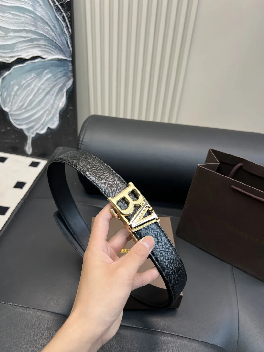 Bottega Veneta 新しい黒の牛革ベルト - 画像 (6)